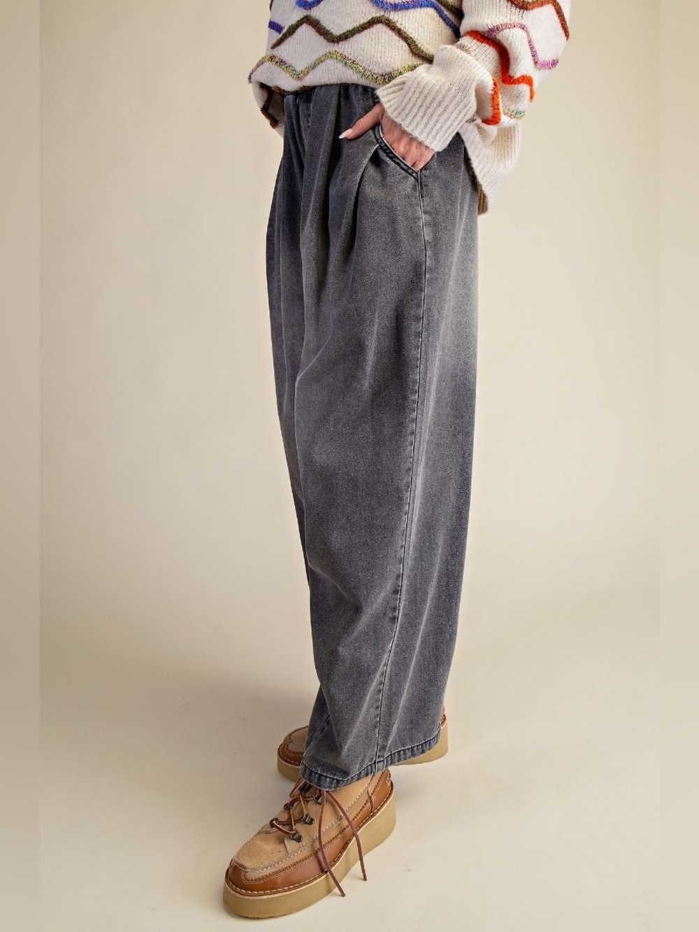 Easel Black Denim Washed Loose Fit Denim Pants - Picture 2 of 3